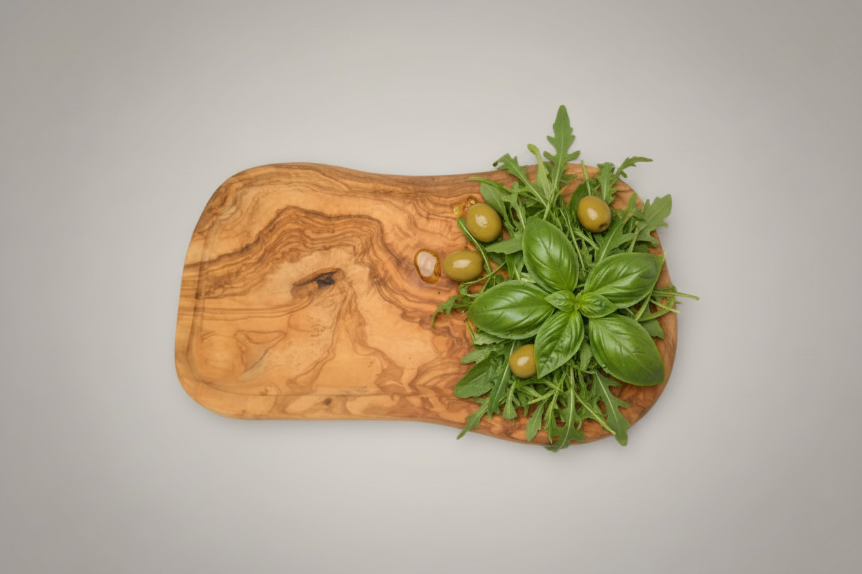 Wooden cutting board with a unique grain pattern on a gray background