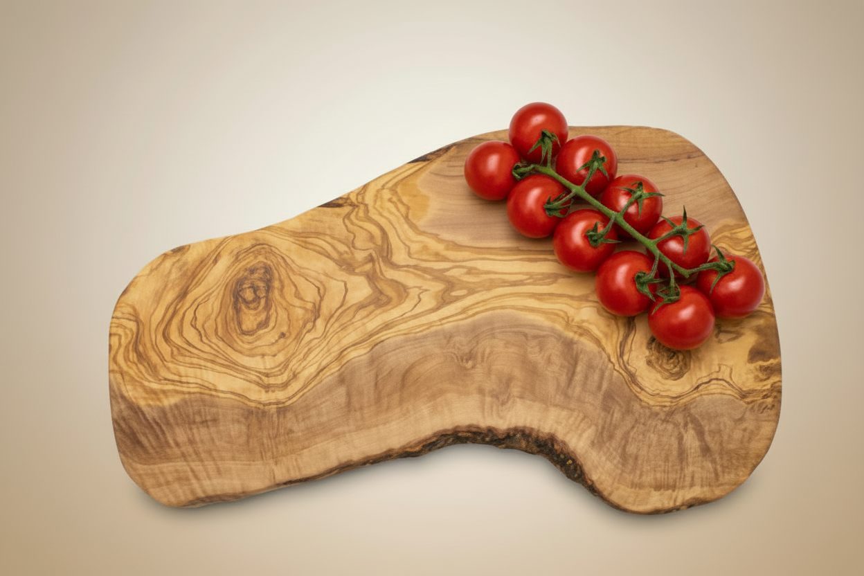 Wooden cutting board with a natural grain pattern on a beige background